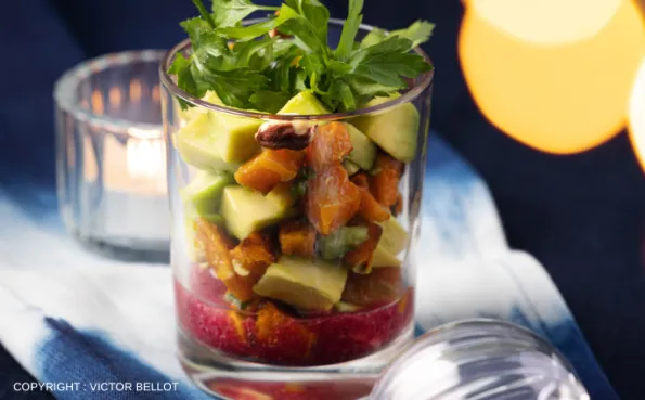 AVOCAT BUTTERNUT VINAIGRETTE BETTERAVE ET NOISETTE