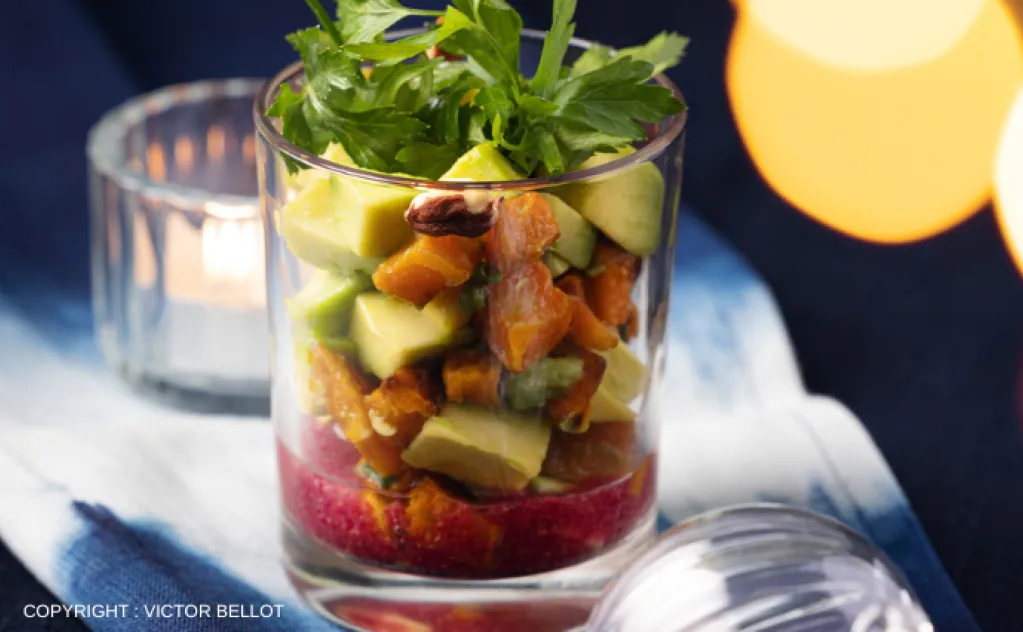 AVOCAT BUTTERNUT VINAIGRETTE BETTERAVE ET NOISETTE